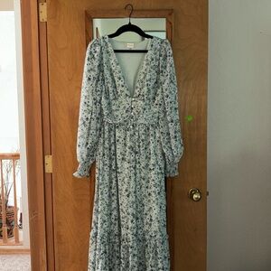 NWOT Altar’s state long sleep green with blue flowers maxi dress size S